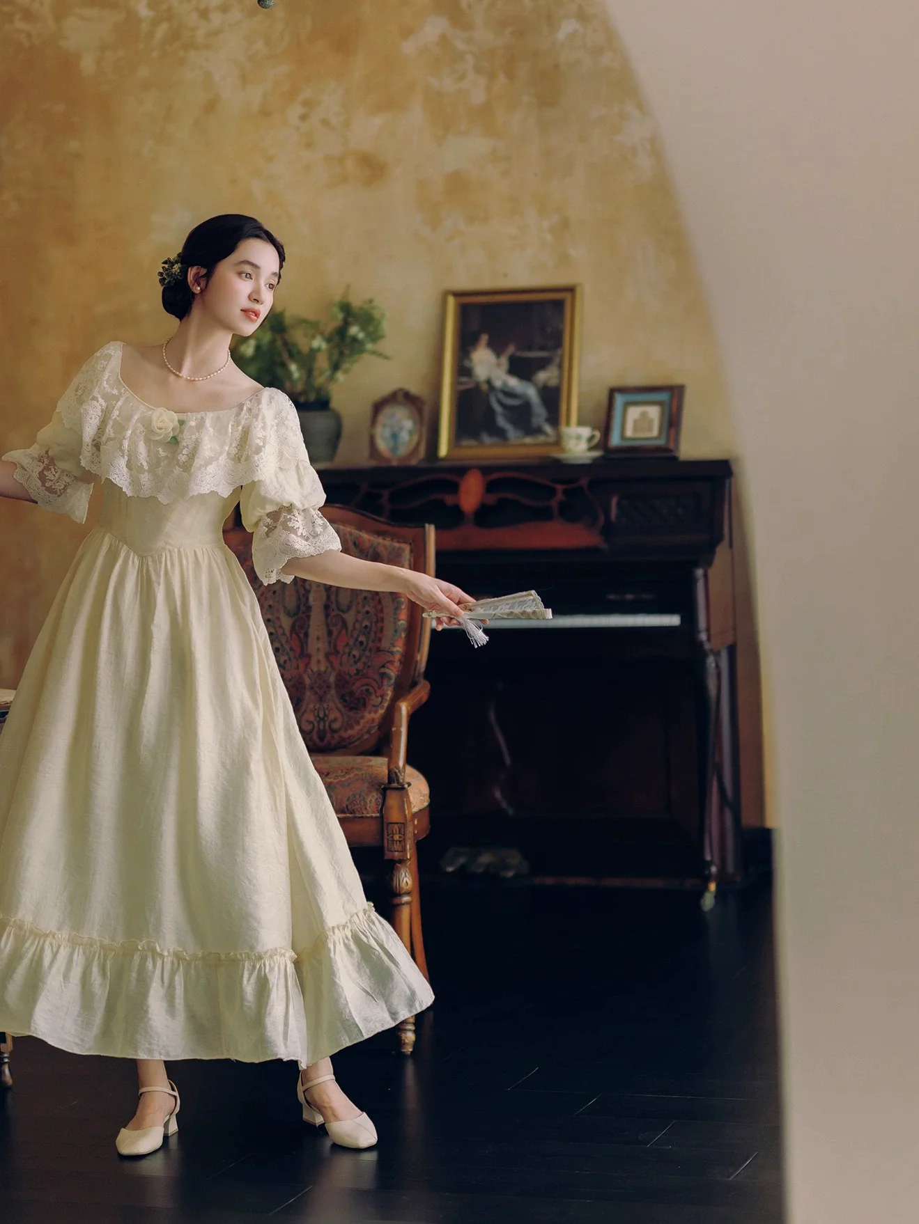 84-96cm busto Primavera Verano mujeres corte europea Vintage pintura al óleo estilo cintura delgada cómodo cuello de encaje vestidos Lyocell