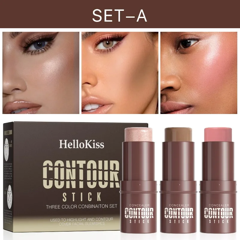 Ensemble de bâtons de Contour et de surbrillance, Kit professionnel complet pour sculpter le visage, Blush et scintillant, Trio de maquillage crémeux et facile à mélanger, 3 pièces