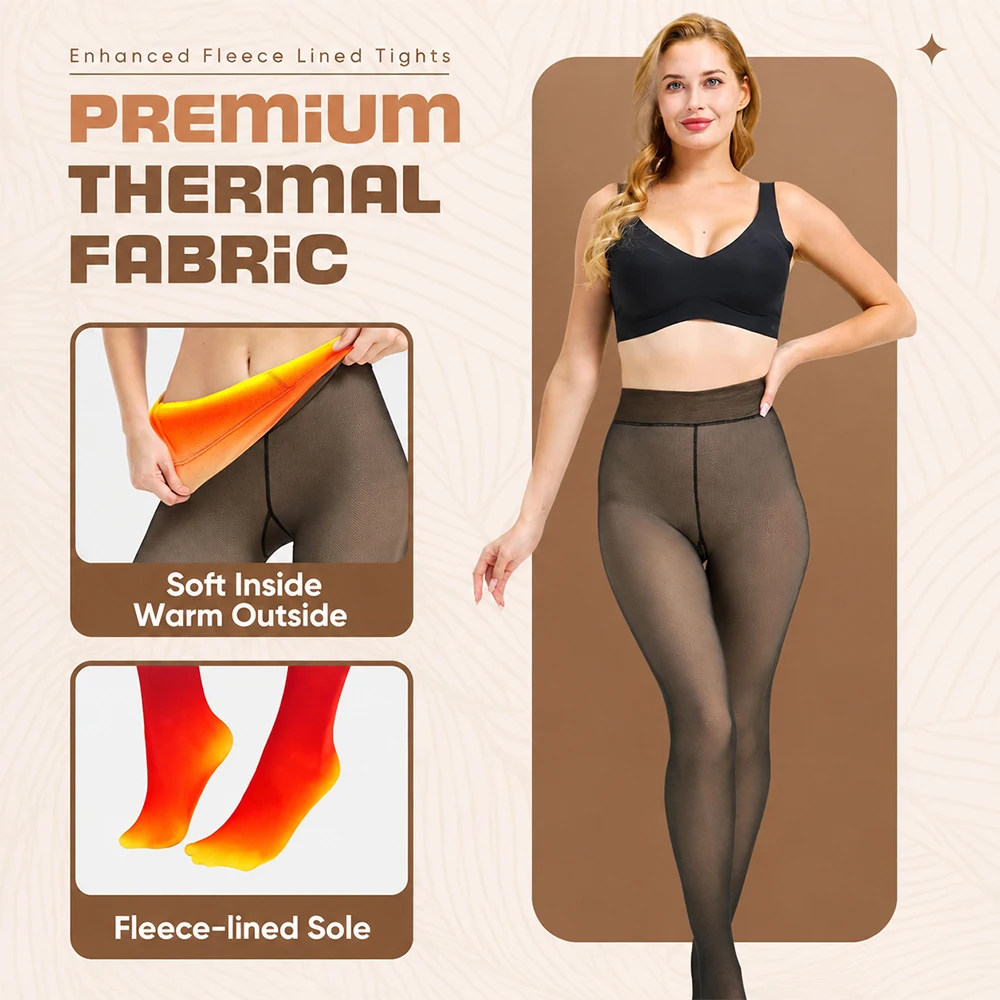 One Seam Thermal Lined Tights Fake Translucent Fleece Leggings Compression Band Sheer Pantyhose Warm Thick Tights for Winter