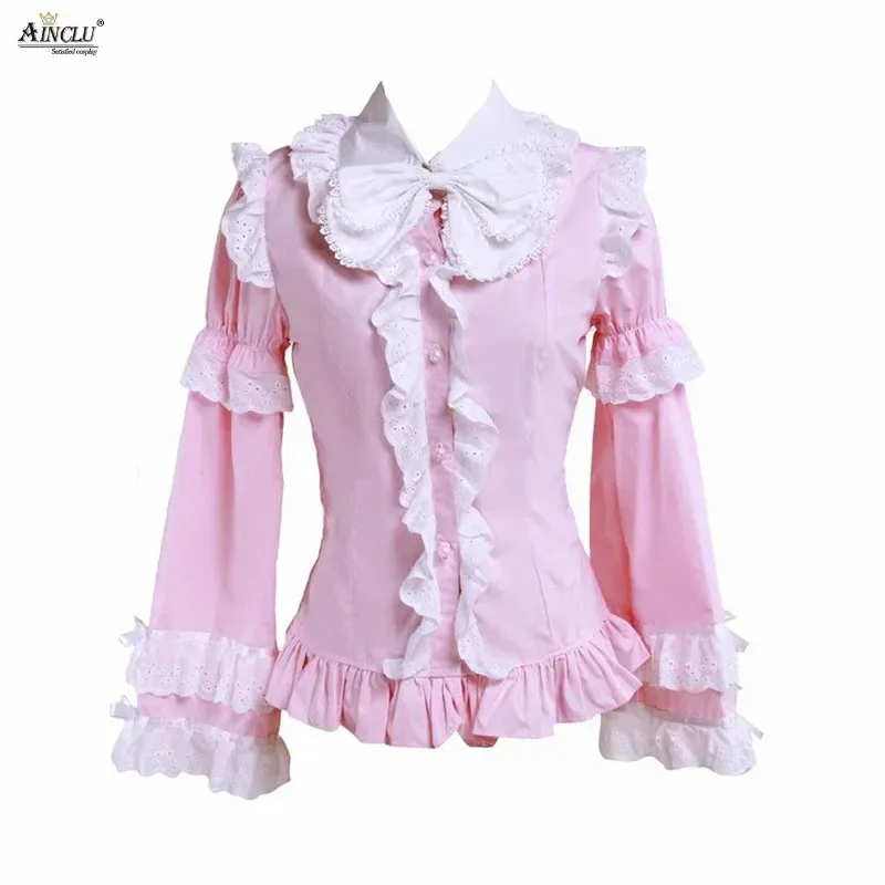 

Весна/лето/осень/зима Ainclu женская блузка с длинными рукавами и оборками/бантом/лентой, верхняя одежда, розовая хлопковая блузка в стиле Лолиты
