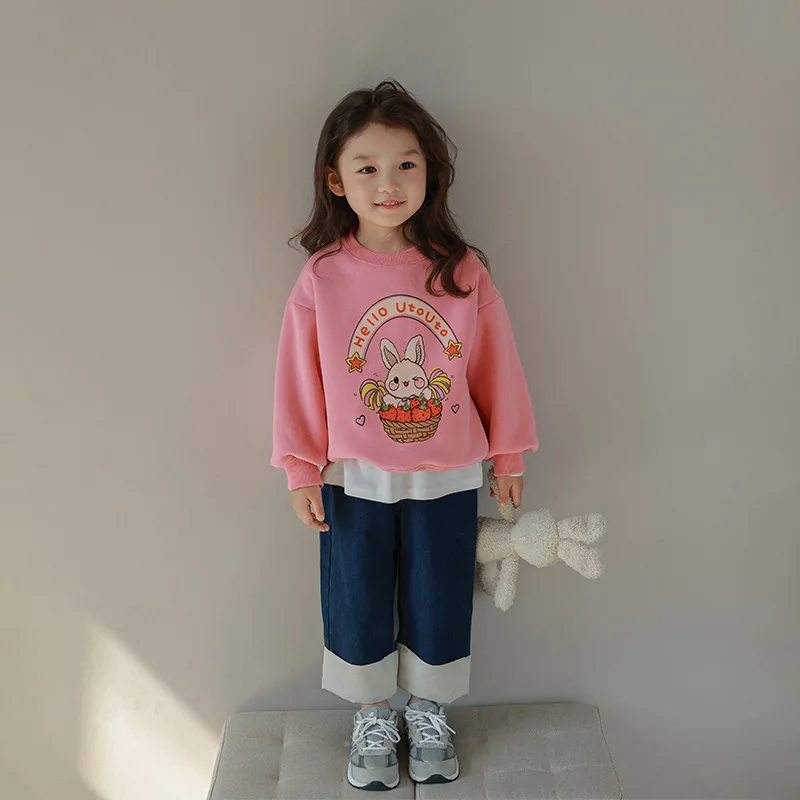 Childrens Girls Hoodies Thin Autumn Fashionable Stylish Little Girls Tops Cotton Printed Loose Kids Baby Girls Pullovers