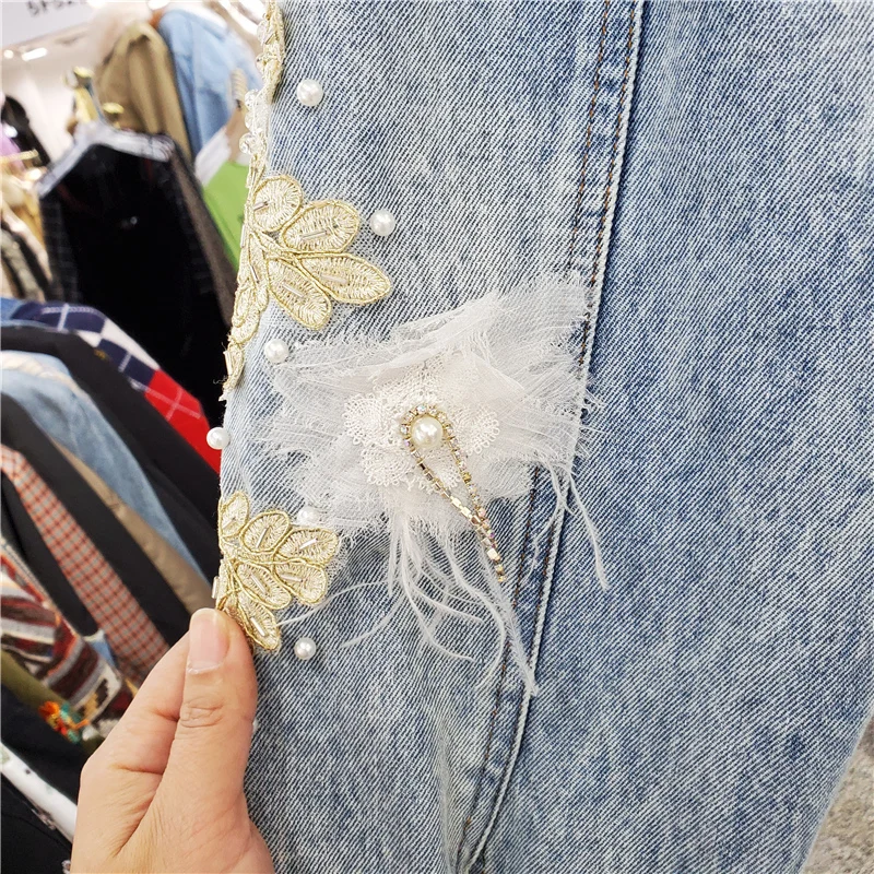 Vintage Beaded Flowers Denim Jacket Spring Autumn Women Loose Korean Casual Lapel Batwing Sleeve Jeans Jacket Female Basic Coat