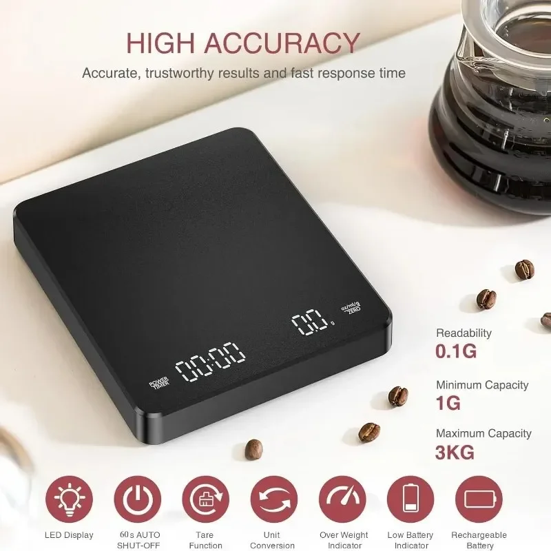 Household Electronic Kitchen Scale, High-precision Digital Coffee Scale with Timer, Small Platform Scale for Baking Food Portab