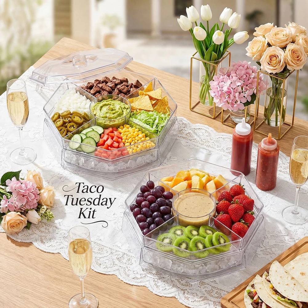 Fruit Ice Serving Platter For Parties Plastic Chilled Serving Tray Multipurpose Platter With Ice Chamber For Veggies Shrimp