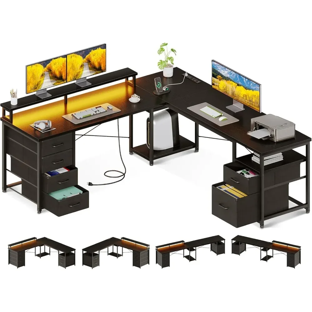 66" L Shaped Computer Desk, 113“ Reversible Home Office Desk with File Cabinet & 4 Fabric Drawers, Two Person Desk