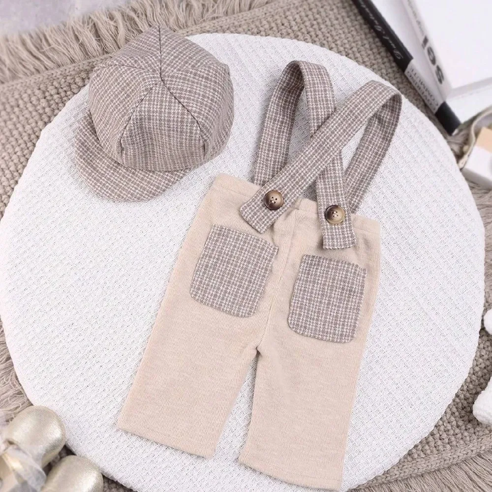 Classic Soft Newborn Photography Outfit Suspender Romper Newsboy Hat Gentleman Suit Set Baby Romper Set for Newborn Boys