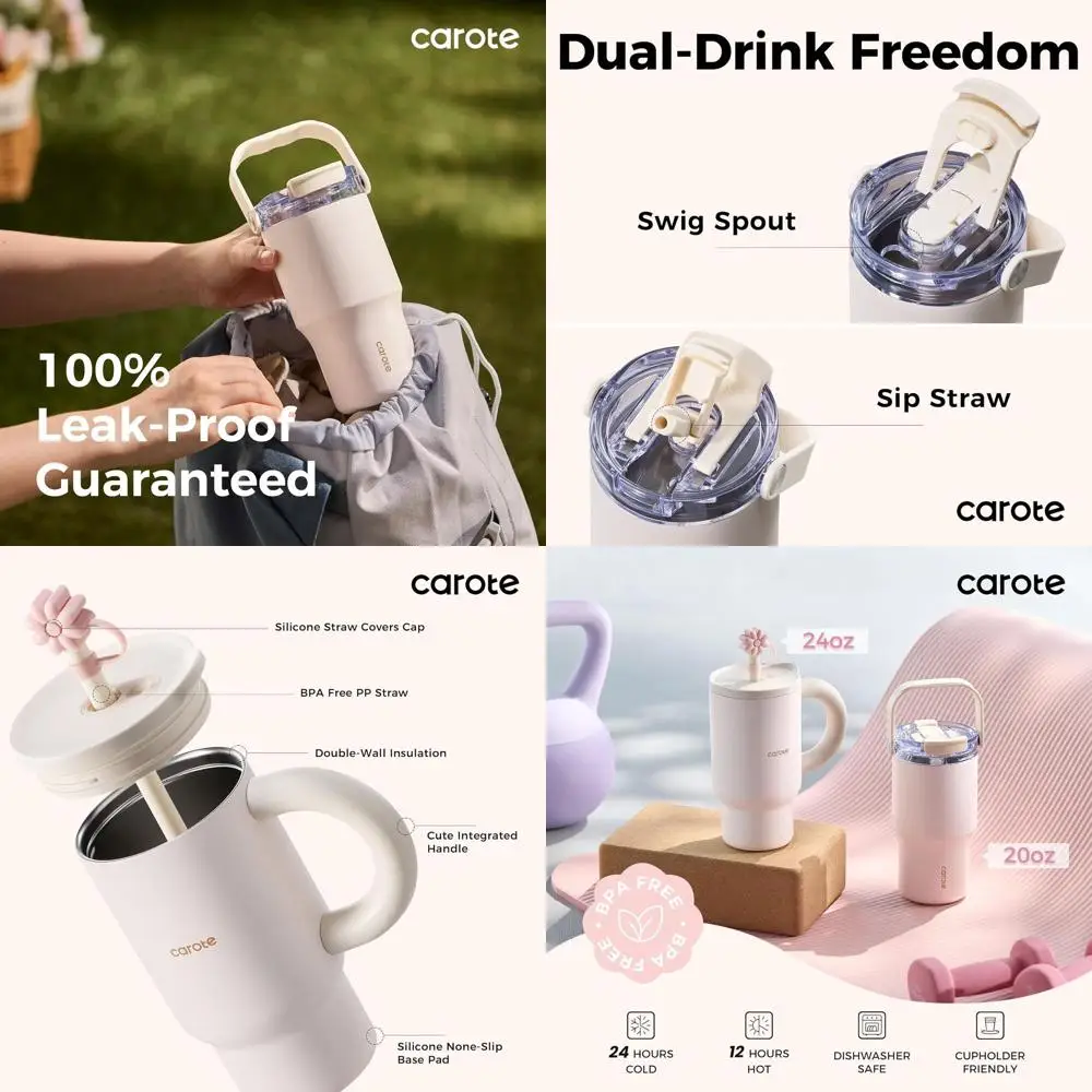 

24oz Insulated Tumbler with Straw and Handle, Leak-Proof, Double-Walled, Travel-Friendly with Non-Slip Base (Cream)