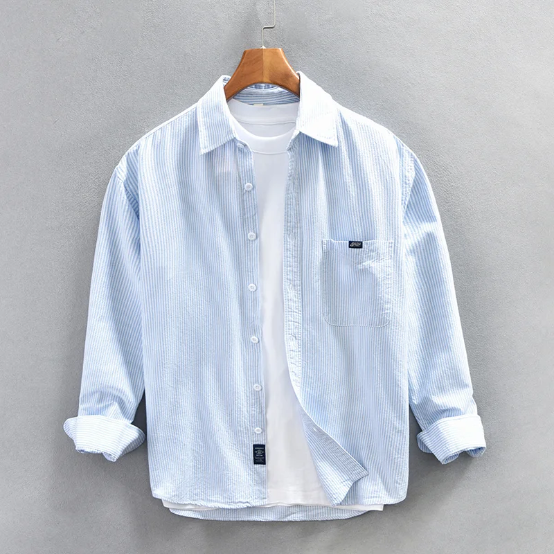 

2023 New Oversize Vertical Striped Shirts for Men Pure Cotton High Quality Vintage Workwear Casual Smart