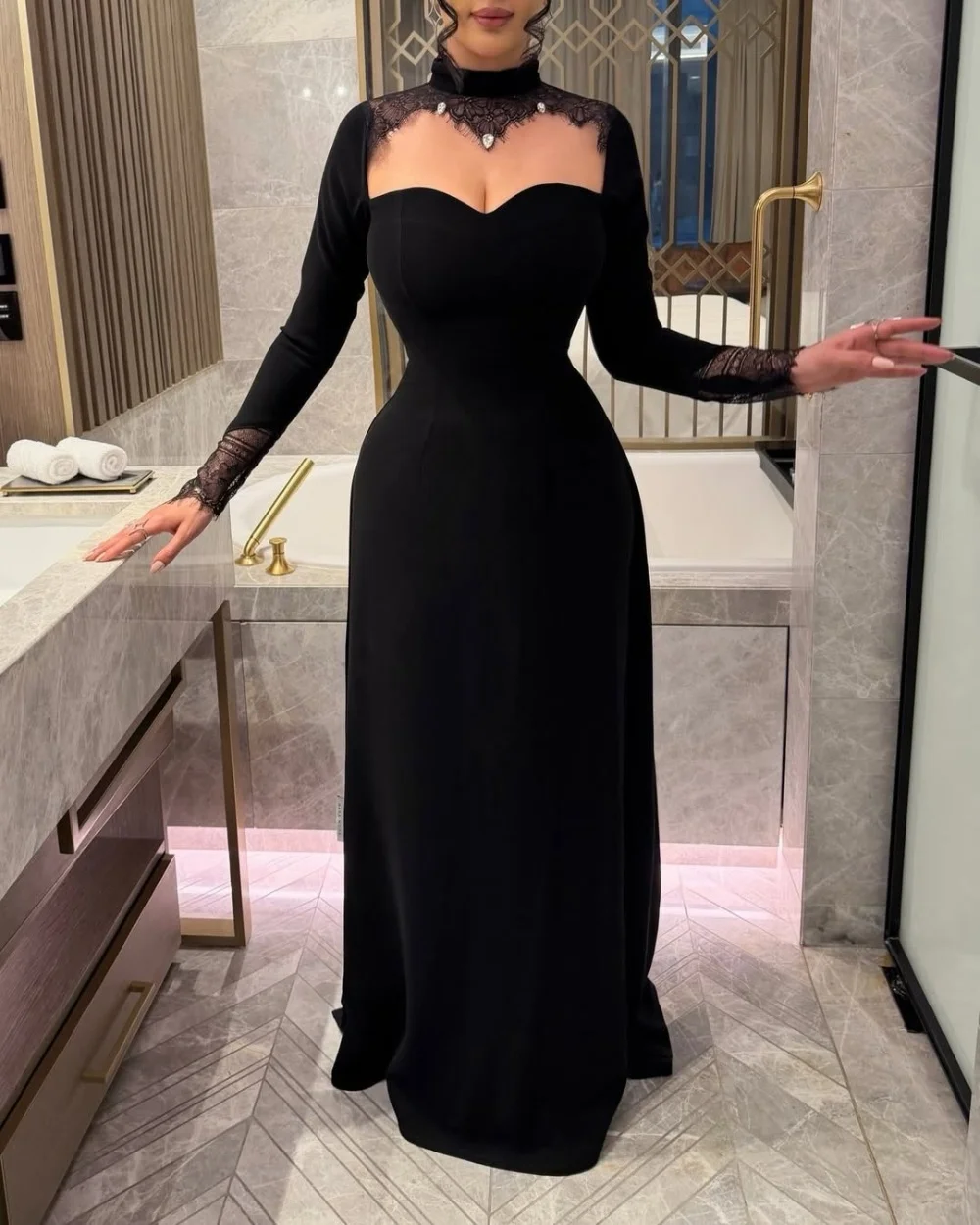 Customized Sexy Matching Jersey Rhinestone Lace Pleat Mermaid High Collar Long Dresses Evening Dresses Sizes Available Fashion