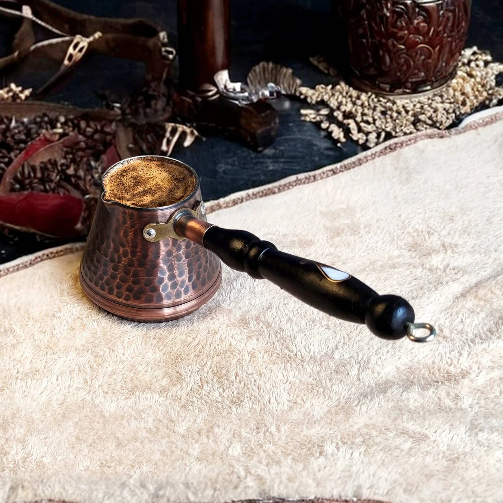 Copper Cezve Flared Top Hammered Copper Coffee Pot Turkish Coffee Pot Hanging Loop Hot Drink Item Pouring Lip view 6