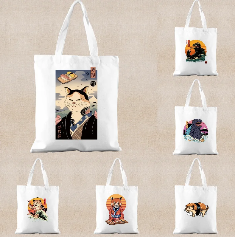 حقيبة يد يابانية كاناغاوا موجة القط مطبوعة حقيبة قماش قنب حقيبة كتف نسائية حقيبة يد للتسوق المحمولة