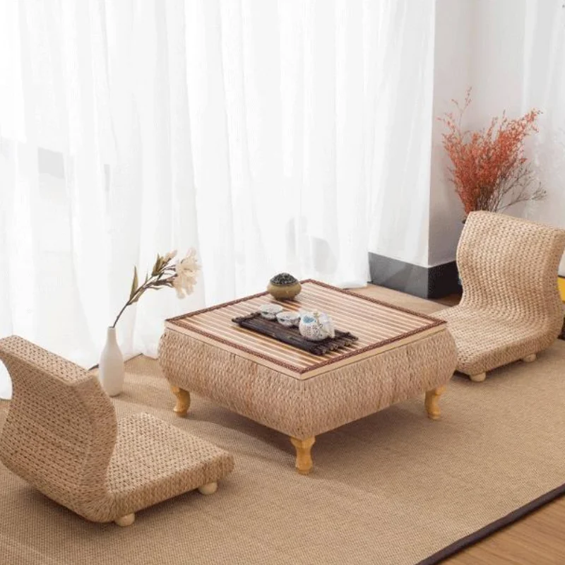 Japanese Rattan Tatami Table Balcony Bay Window Small End Table Low Coffee Table Bedroom Floor Square Table Futon Cushion