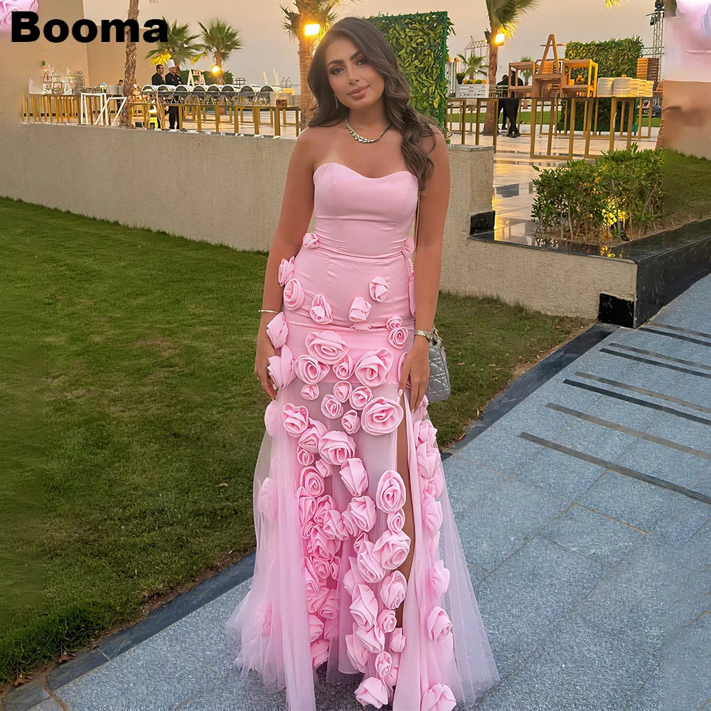 Booma Pink Mermaid Evening Dresses Sweetheart Sleeveless 3D Flowers Special Occasion Gowns for Women Side Slit Party Prom Dress