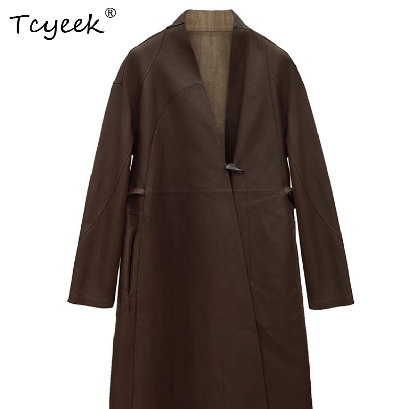 Tcyeek جلد الغنم ربيع الخريف العصرية الخامس الرقبة البني القهوة متوسطة طويلة المرأة سترة جلدية حقيقية Жensarska Kostangnya Kursatka