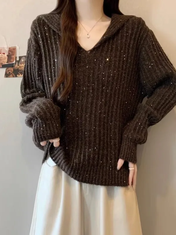 

Шикарная женская толстовка оверсайз с длинными рукавами, яркий свитер кофейного цвета с пайетками, осенне-зимний теплый топ для создания молодого образа