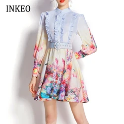 Vintage Women ruffles print shirt dress 2022 Autumn Multicolor Lantern sleeve Fold Mini dresses Ladies Clothes Beach INKEO 2D112