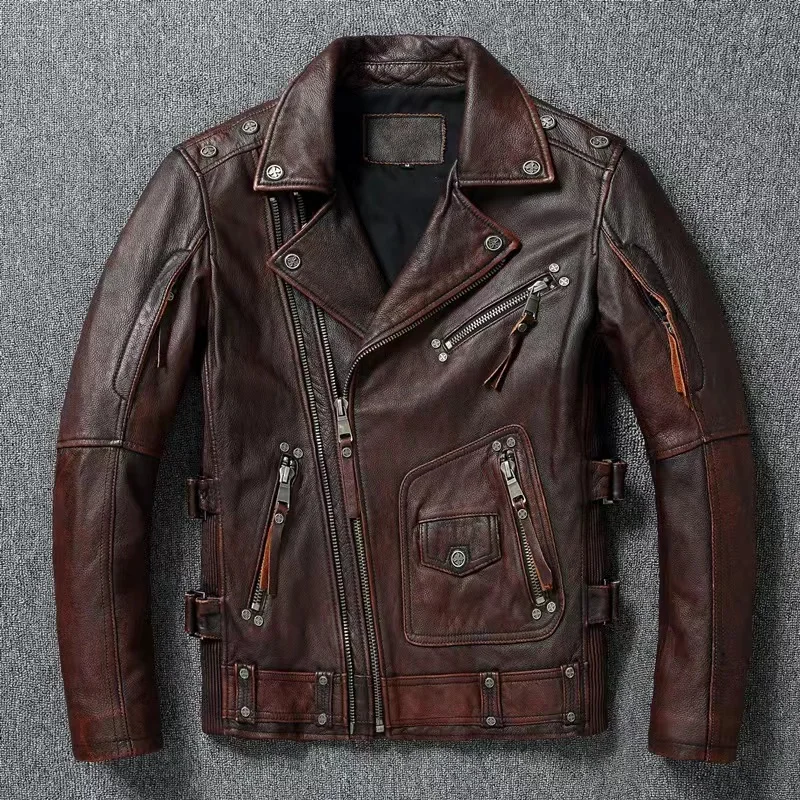 

Fashionable Handsome Retro Trend Top Layer Cowhide Leather Motorcycle Suit Multi-Zipper High-Quality Jacket