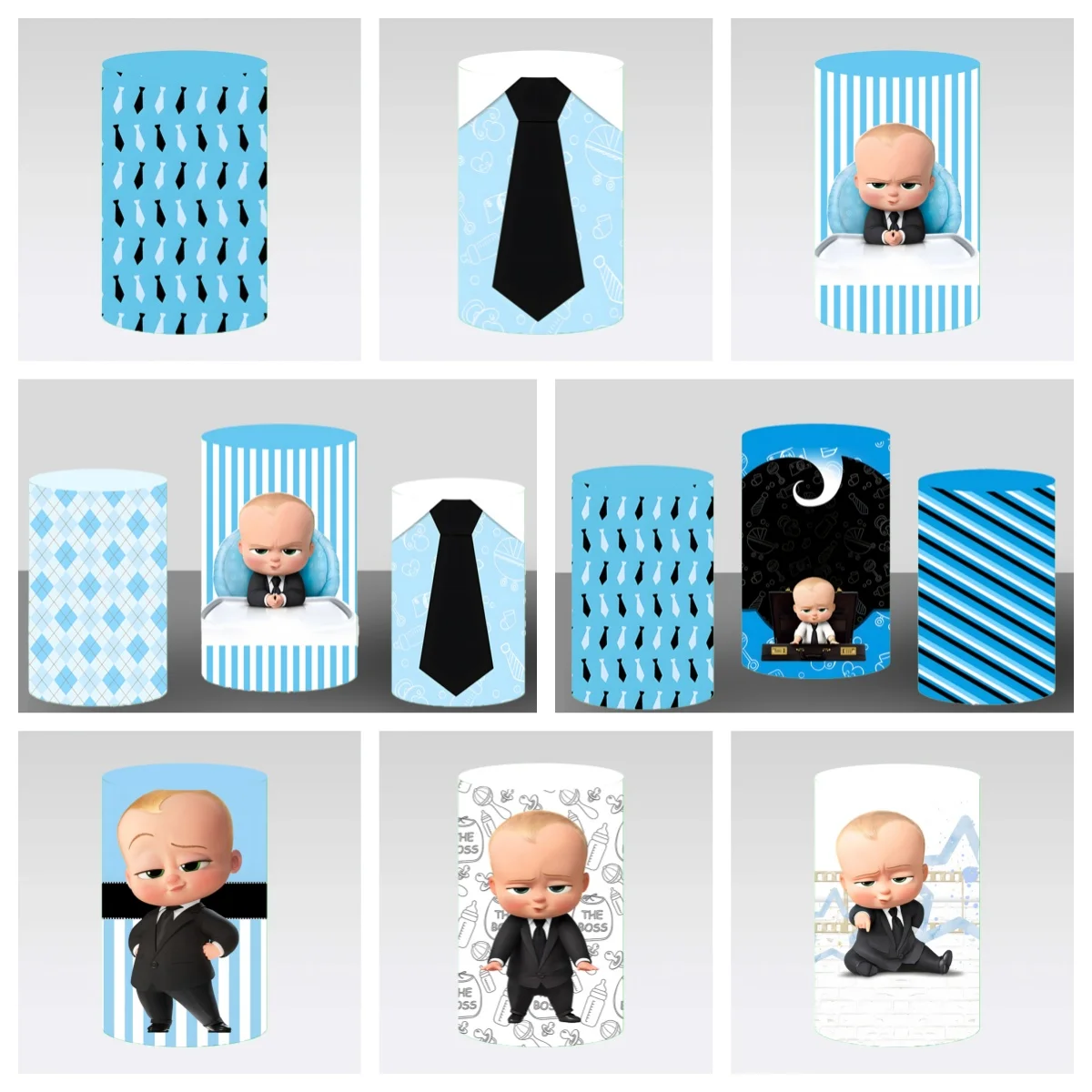 Fondo cilíndrico con diseño de Boss Baby en traje negro y corbata para niños, bebés, bautizos, fiestas de cumpleaños y decoración para romper el pastel.