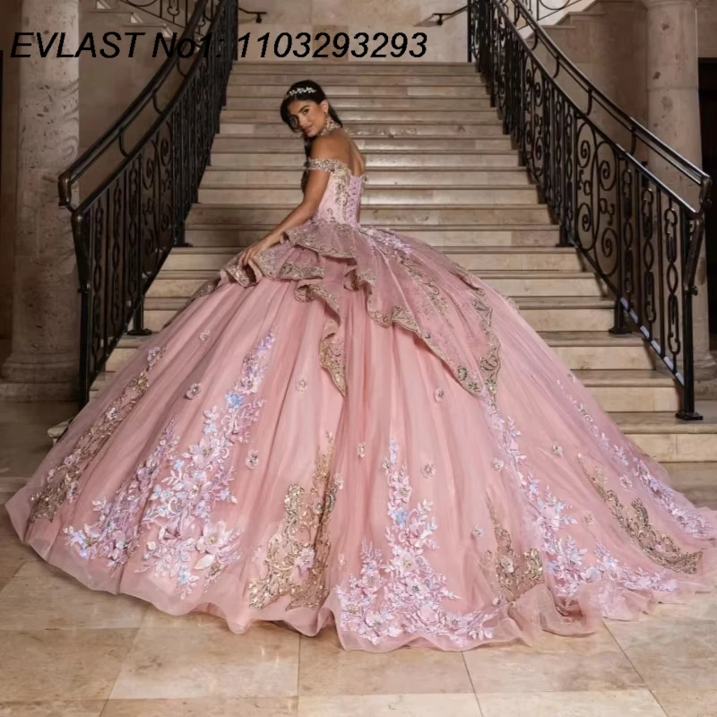 

Индивидуальное розовое бальное платье EVLAST для Quinceanera с блестящими цветочными аппликациями и бисером, для Sweet 16, Vestidos De 15 Anos E1QN968