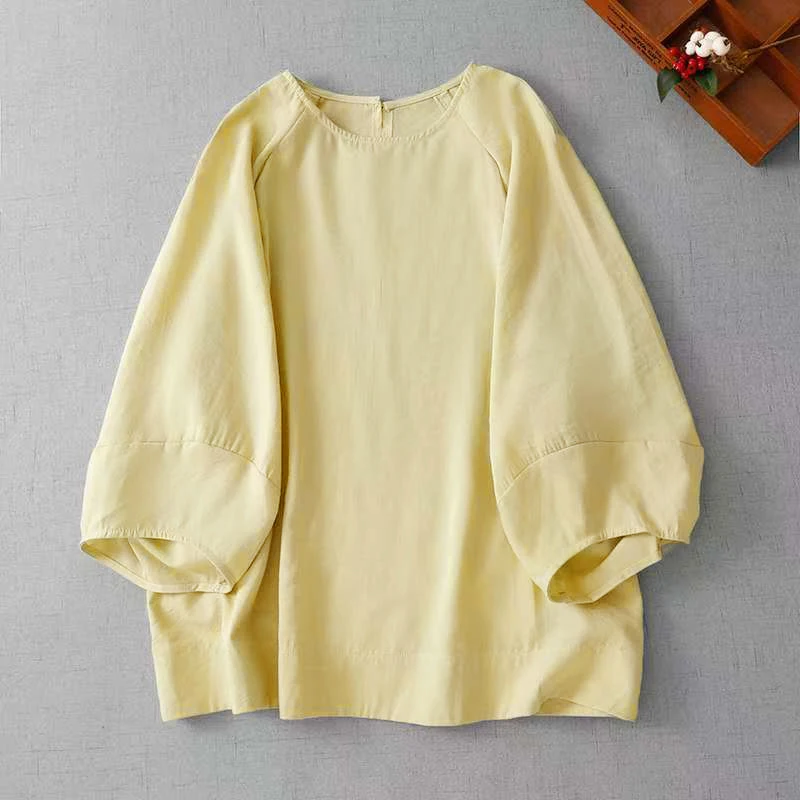 plus Size Women's Cotton Linen T-Shirt round Neck Batwing Sleeve Loose Slimming Nine-Quarter Sleeve Top Casual Style Streetwear