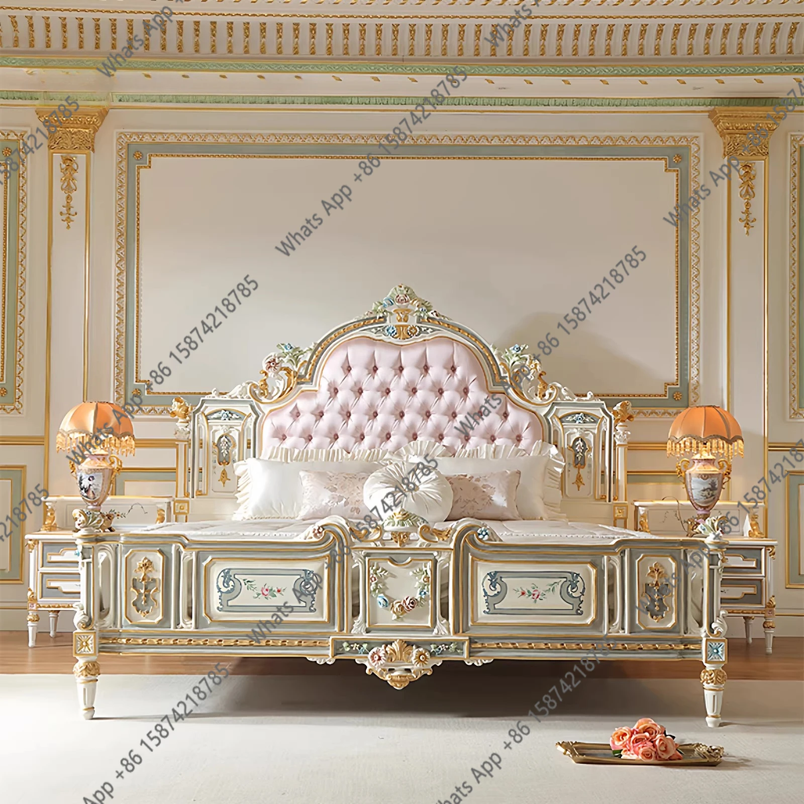 

French Court Painted Double Bed Beech Wood Carving Flower 1.8M Master Bedroom Bed Luxury High-end Atmosphere Master Bedroom Marr