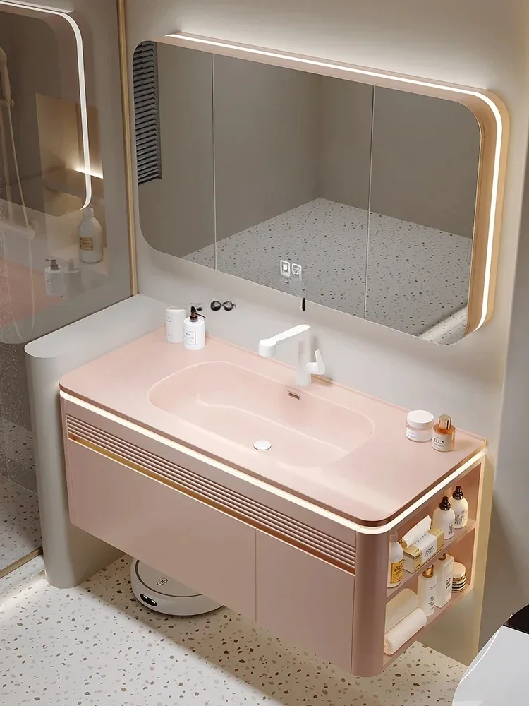 

xx1Light Luxury Bathroom Cabinet Ceramic Whole Washbin Combination Oak Wash Basin Pink Bathroom Wash Basin Cream Style