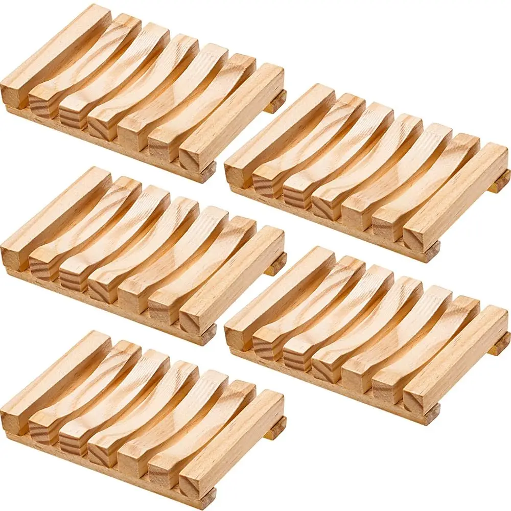 

5 Pieces Wooden Soap Dish Holder Tray Wood Bar Soap Holder Tray Self Draining Saver for Shower Bathroom Kitchen(Wooden)