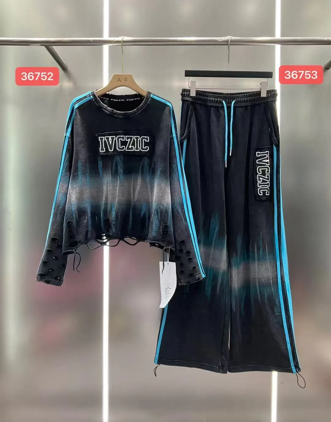 

European Casual Suit Women's 2026 Spring New Gradual Change Pull Rope Straight Pants Letter Printing Ripped Top Tide