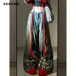 Women's Sweet Y2K Baggy 2000s Denim Trouser Washed Vintage Casual Appliques Pants Trashy High Street Retro High Waist Jeans