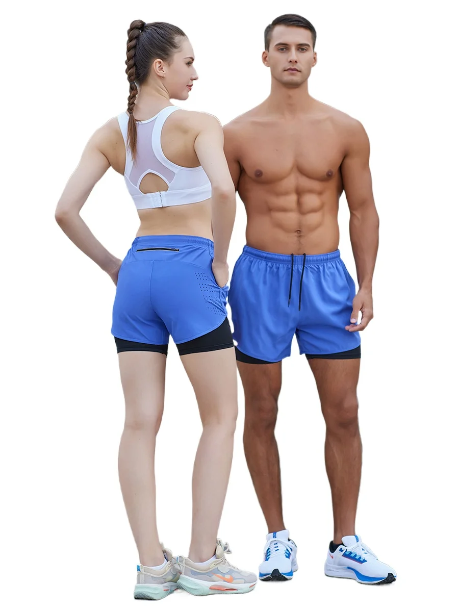 Running Shorts Jogging Trainning Sporty Double Deck Short Gym Man Fitness Sports Shorts Men Zipper Pockets Woman Workout Clothes