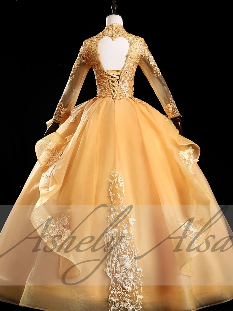 Customized Mexican Long Sleeve Prom Occasion Dresses V Neck Applique Ball Gown Women Birthday Party Dress Sweet 15 Quinceanera