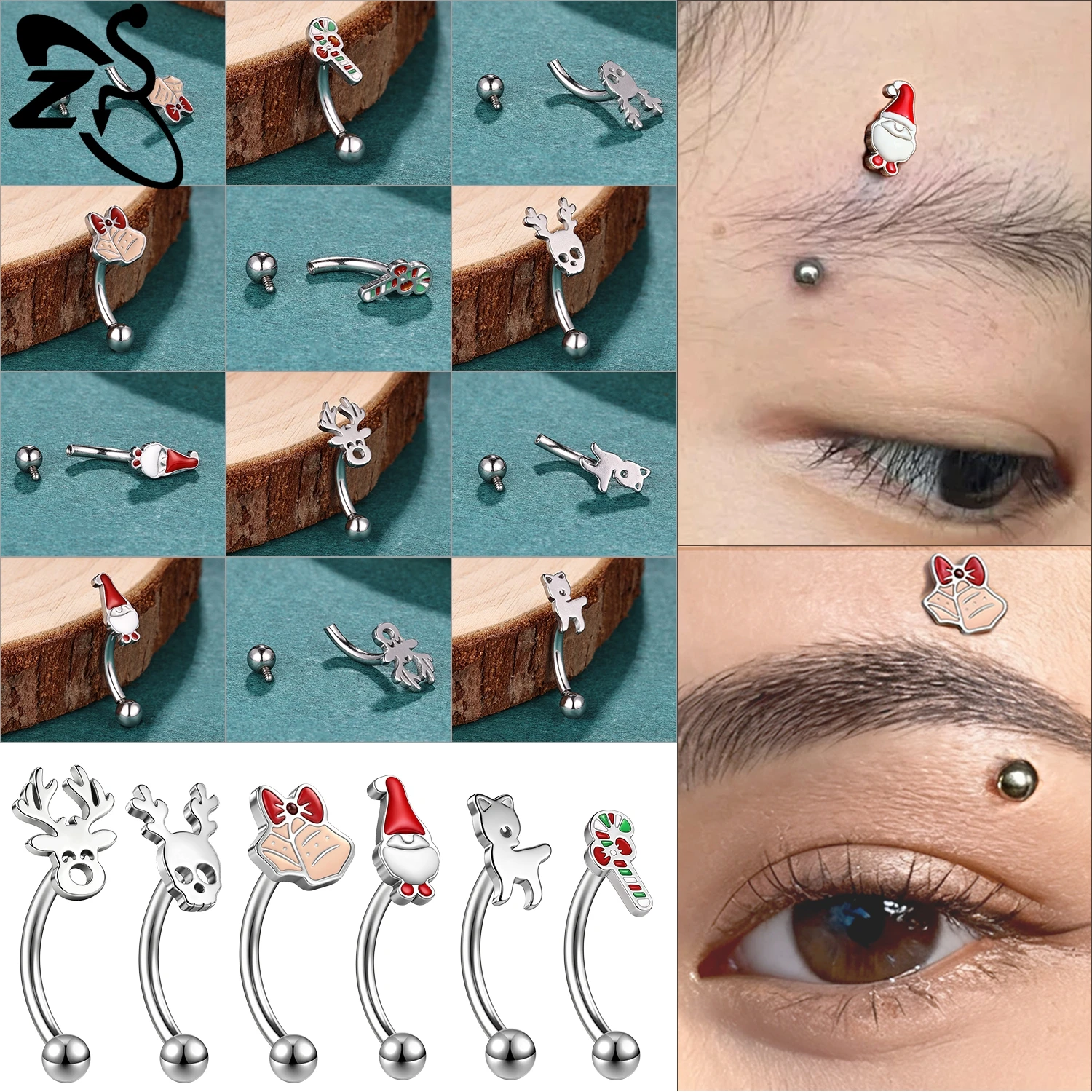 

ZS 1 PC 16G Christmas Cute Stainless Steel Eyebrow Rings Women Girls Eyebrow Piercings Antlers Candy Cane Body Piercing 6/8/10MM