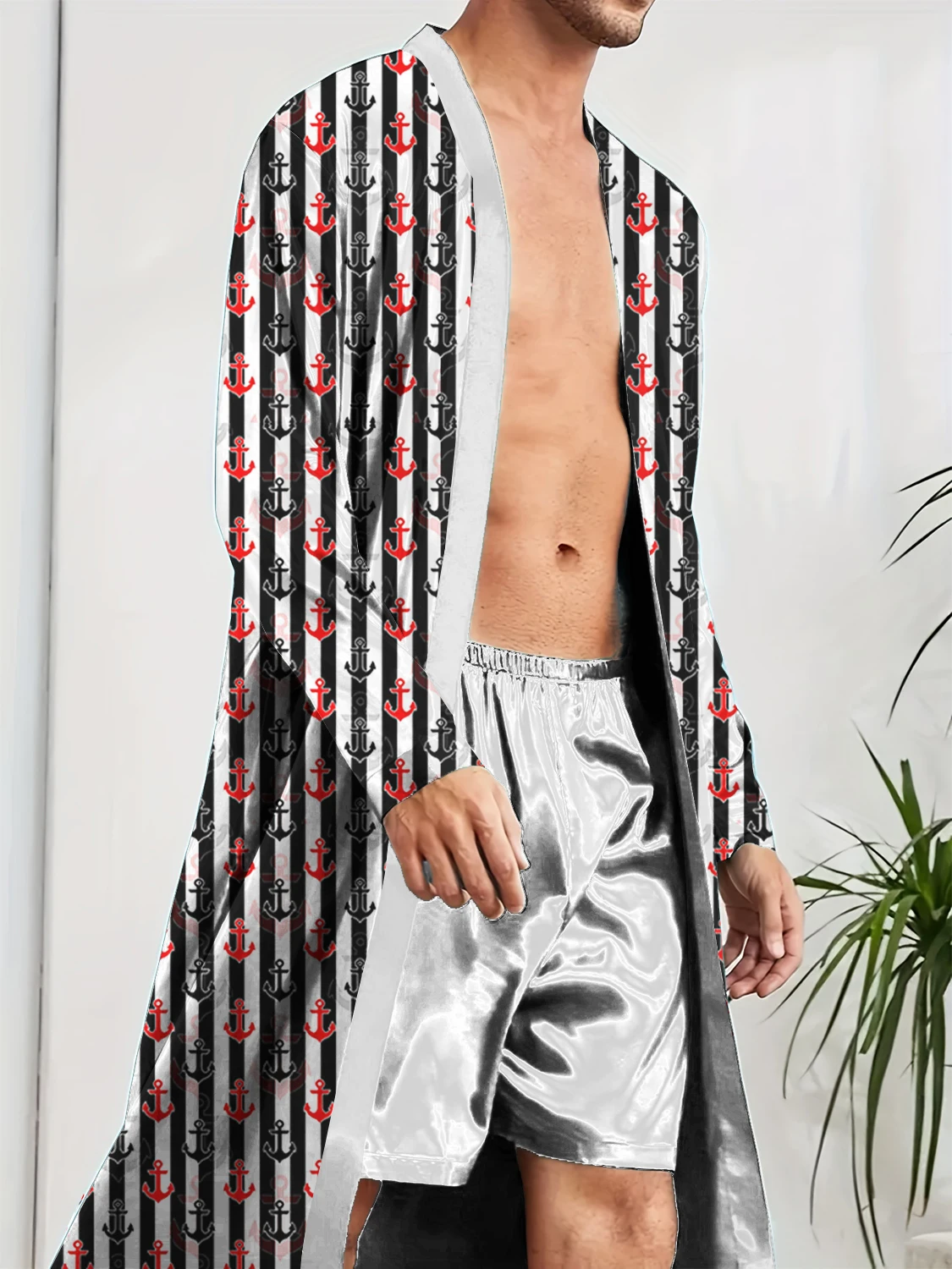 

Весенне-осенний мужской длинный халат, домашняя повседневная ночная рубашка, быстросохнущая забавная ночная рубашка с цифровой печатью и якорем.