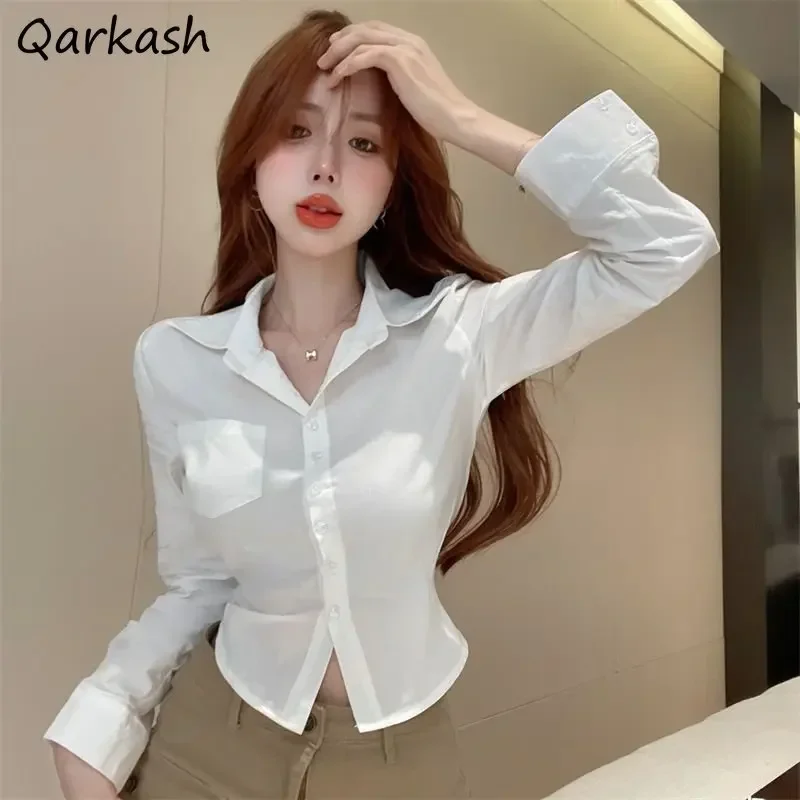 Long Sleeve Shirts Women Slim Crop Tops All-match Spring Hotsweet Casual Tender Pockets Korean Style Chic Solid Simple