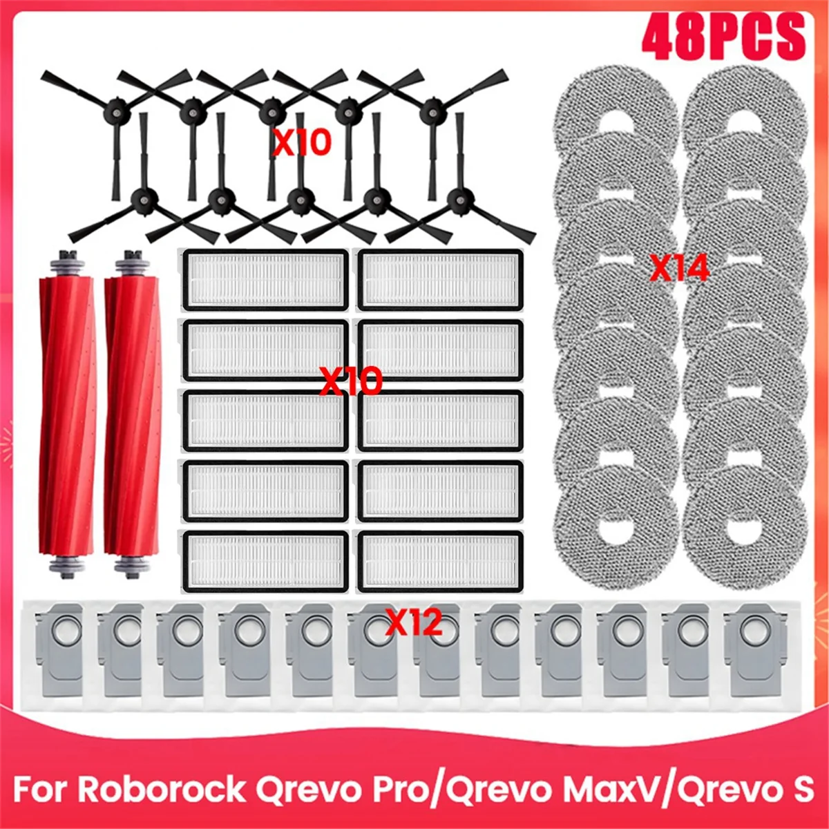 48PCS Brush Filter Dust Bag and Mop Cloth Kit for Roborock Qrevo Pro Qrevo MaxV Qrevo S Vacuum Cleaner Replacement Parts