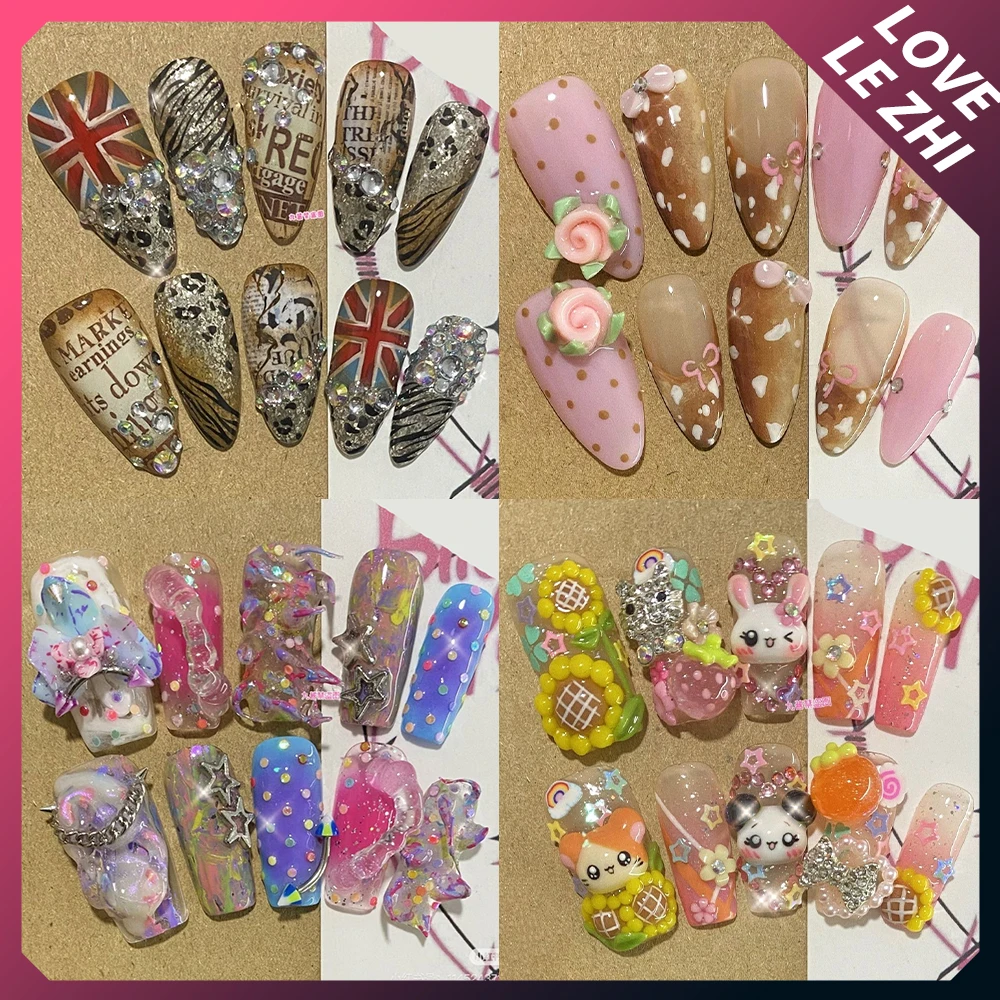 

10Pcs Y2K Spice Girl Handmade Coffin Almond Press On Nail Cartoon Panda Rabbit Rilakkuma Shiny Diamond Sequins Flowers Fake Nail