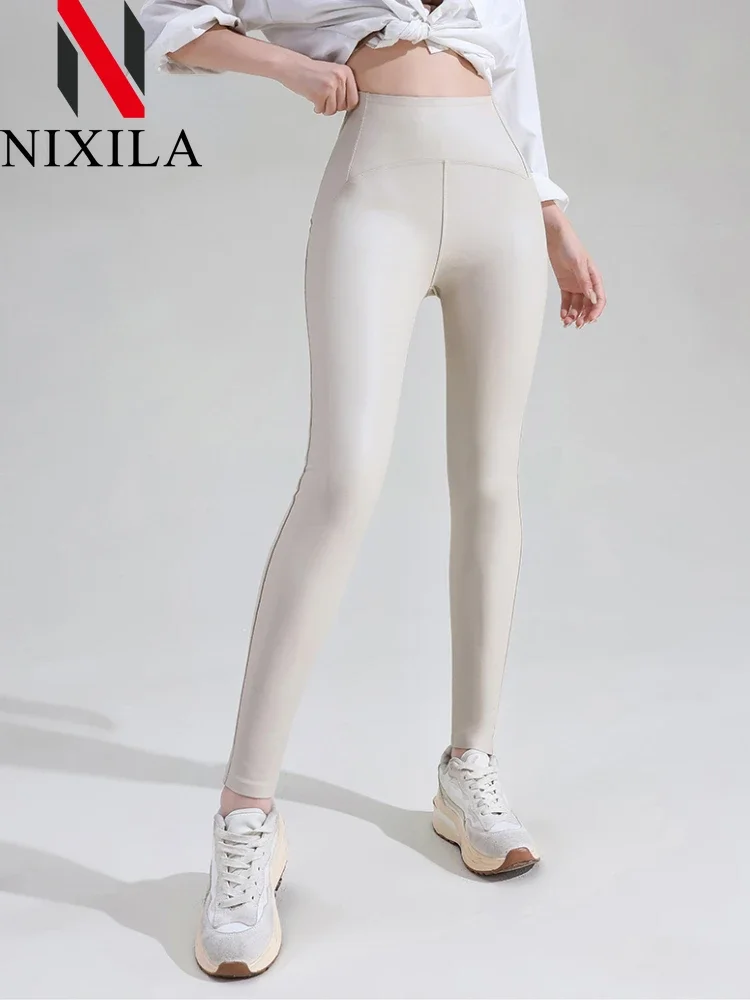 Autumn Winter Black High Waist Tights Stretch Soft Thin Fleece Leggings for Women Pants Sexy Slimming Pu Leather Leggings Women