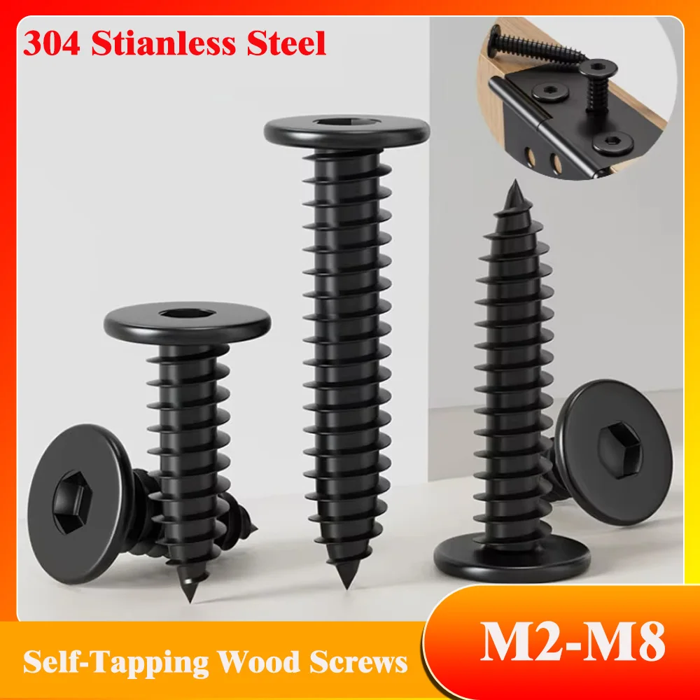 M2 M2.3 M2.6 M3 M4 M5 M6 M8 Black 304 Stianless Steel Ultra Thin Hex Socket Flat Head Screw Self-Tapping Wood Screws
