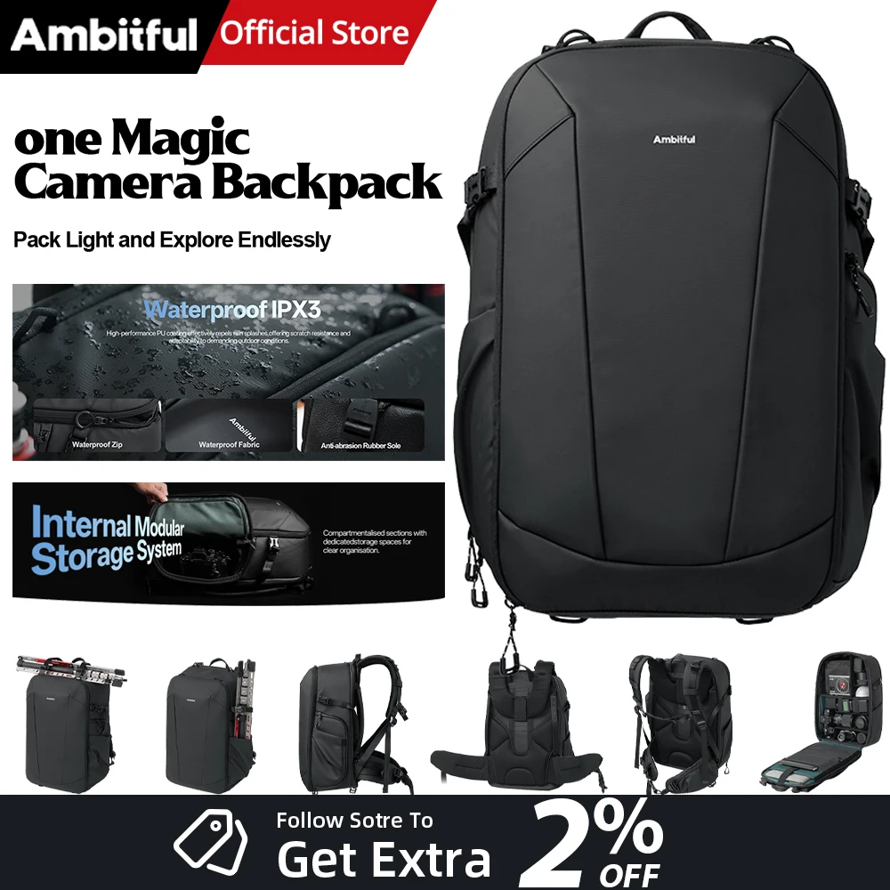 Sac à dos de voyage professionnel AMBITFUL OM-28 28L grande capacité pour appareil photo, stabilisateur de drone, éclairage d'appoint et kit d'objectifs