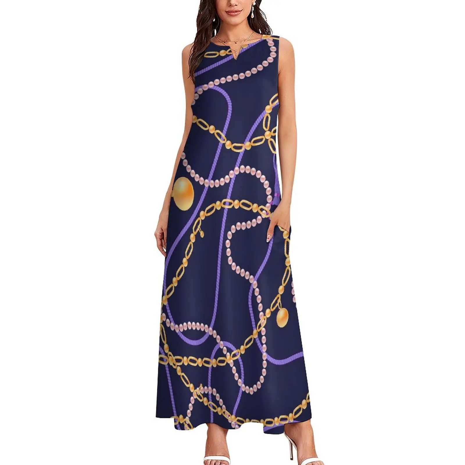 Gold Chains Dress Summer Bead Print Street Wear Casual Long Dresses Woman Pattern Party Maxi Dress Large Size