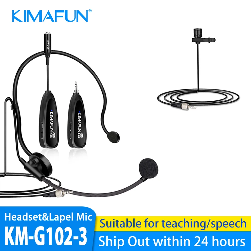 KIMAFUN 2.4G Portable Headset Wireless Microphone,2 in 1 Headset & Lapel Mic For Speaker,Power Amplifier,Meeting Class Teaching