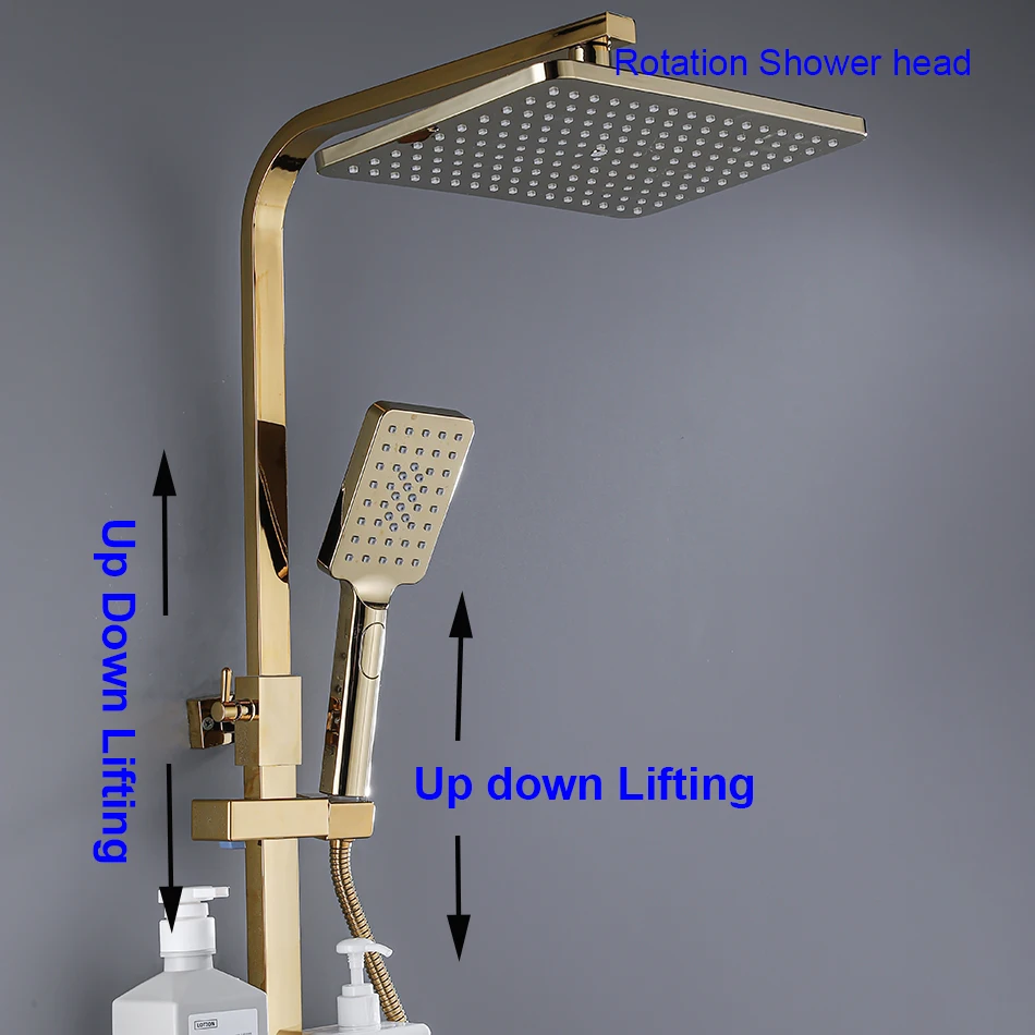 الذهب البيانو شاشة ديجيتال الحمام دش مجموعة النحاس الحمام صنبور الملحقات ثرموستاتي نظام دش الحمام الرقمي #5