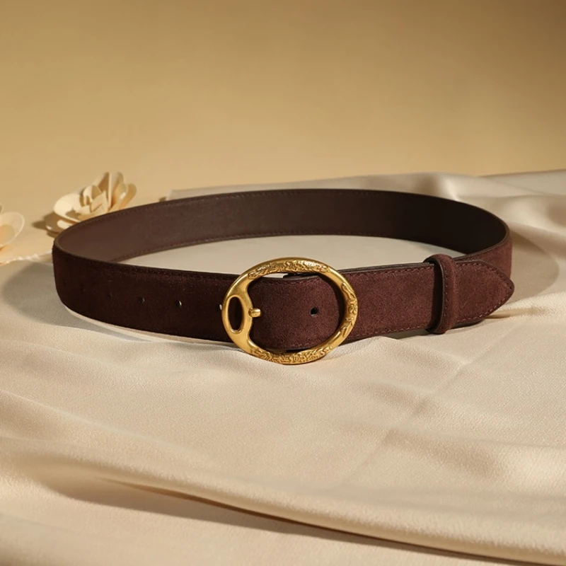 Women’s Vintage Style 3.3cm Suede Cowhide Leather Belt with Gold Square Buckle Great for Dresses and Jeans