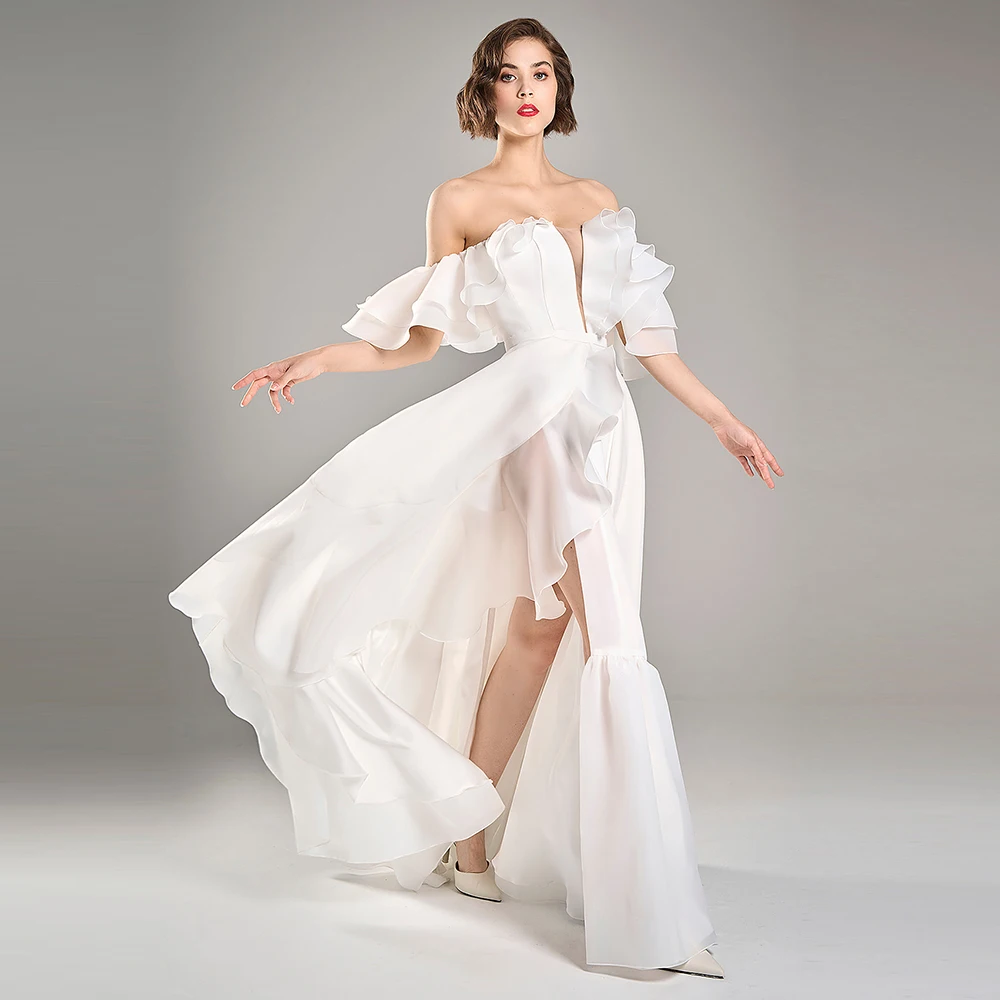 

Elegant Women's Dresses Trend 2025 Organza A-line Wedding Party Dresses Ivory Off-the-shoulder Ruffles Split Wedding Guest Dress