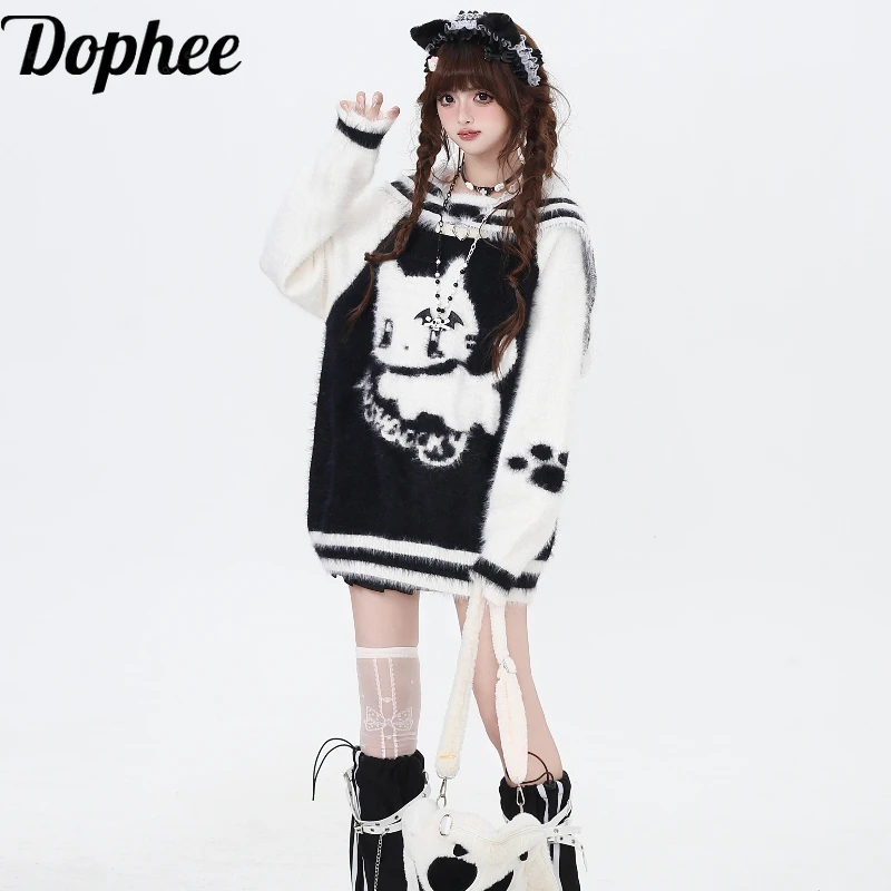 Dophee Japanese Navy Collar Women Sweaters Colorblock Cartoon Cat Imitation Mink Fur Pullover Top Autumn Winter Casual Sweaters