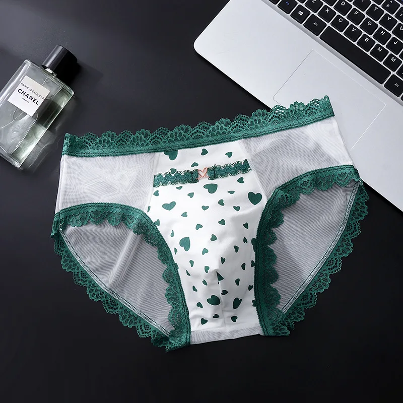 Men's Briefs Ice Silk Heart Printed Lace Trim Sexy Panties Sissy Lingerie 3d Bulge Pouch Mesh See Through Light Thin Underwear