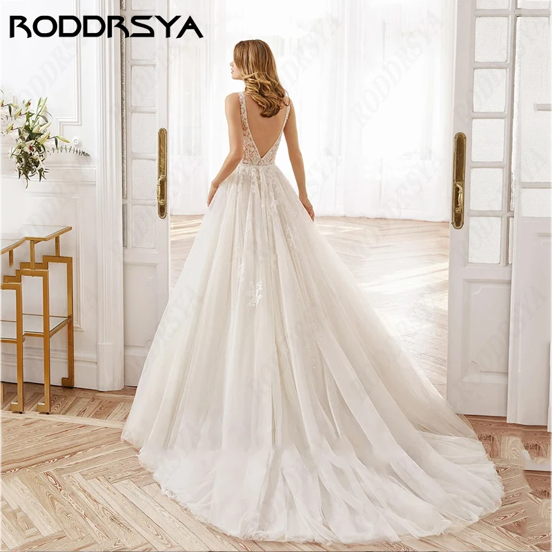 RODDRSYA Profundo V-Neck A linha Vestidos De Casamento Para As Mulheres Свадебное платье Romântico Tulle Sem Mangas Backless Festa De Noiva 2024Profundo V-Neck A linha Vestidos De Casamento Para As Mulheres Свадебное п