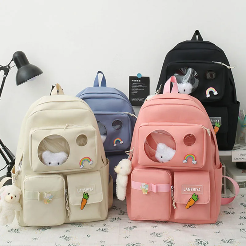 5 PCS Schoolbag Female 2022 New High School High-capacity Female Backpack Junior High School Pupil Backpack