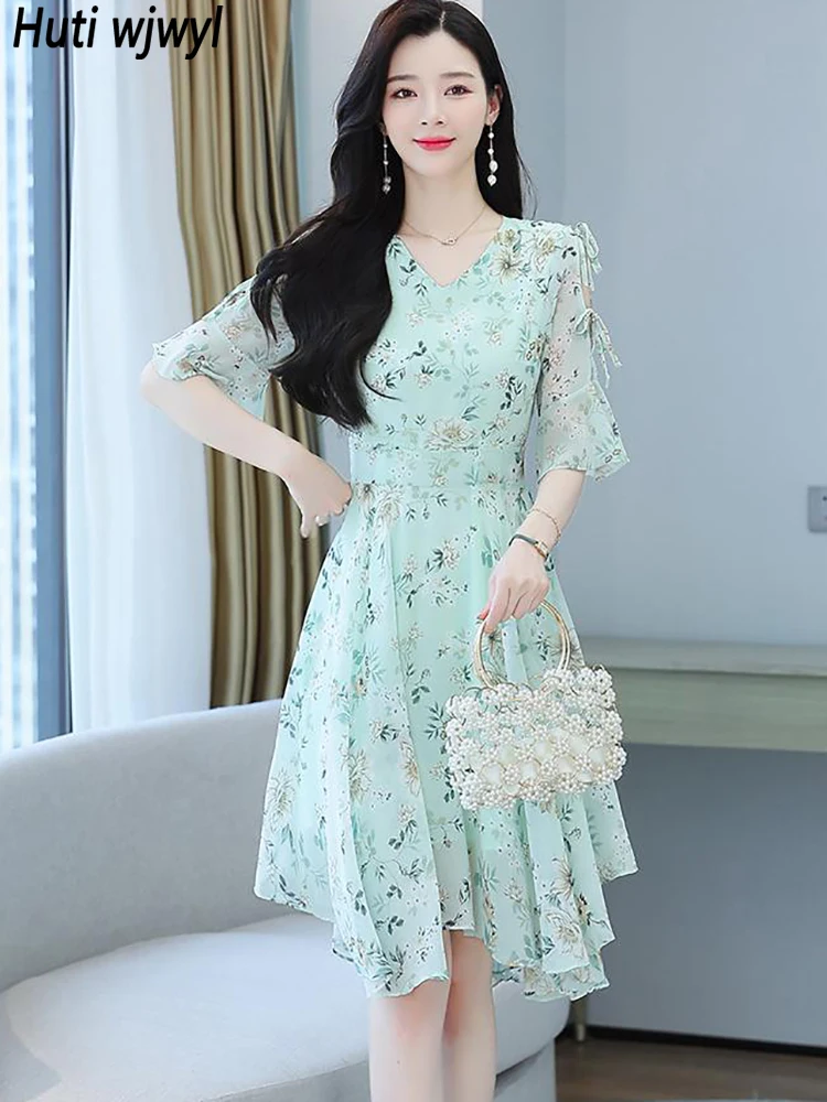 Women Floral Chiffon Butterfly Sleeve Chic Sexy Midi Dress Summer Casual Boho Beach Dress 2024 Elegant Bodycon Party Prom Dress