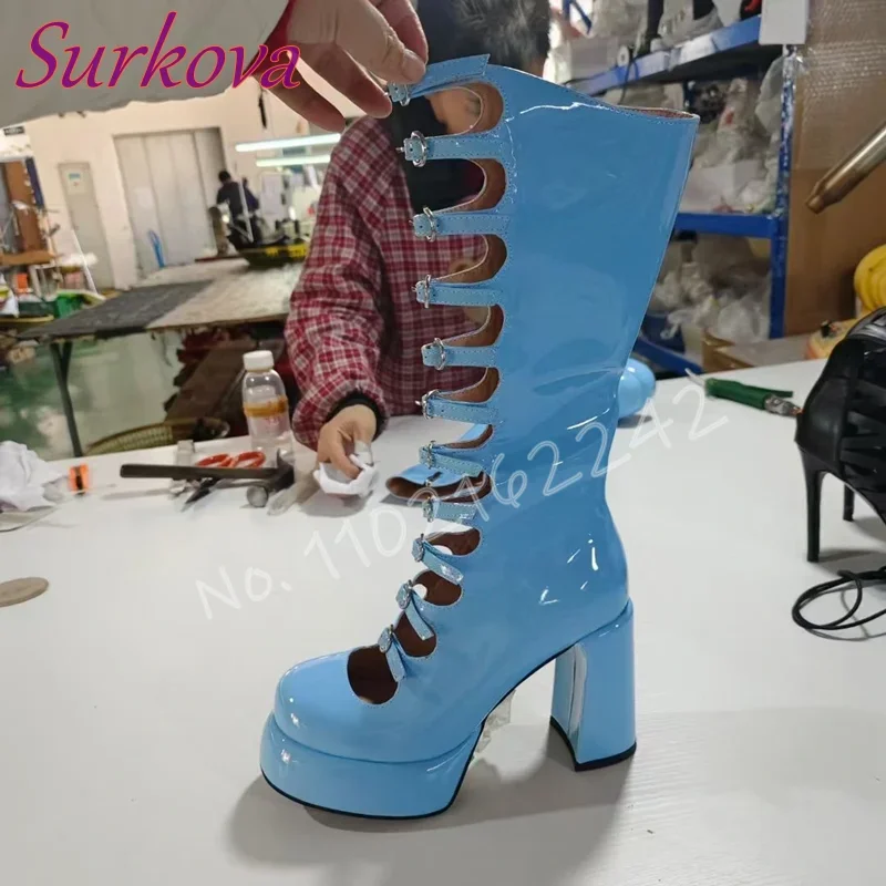 Women'S White Thick Bottom Hollow Boots Summer Round Toe Chunky Heel Side Zipper Mid-Calf Boots Sexy Party Pole Dance Boots 47